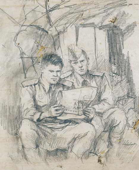 Два красноармейца читают газету. Бумага, карандаш. 18 х 24,8 см. Собрание семьи художника.